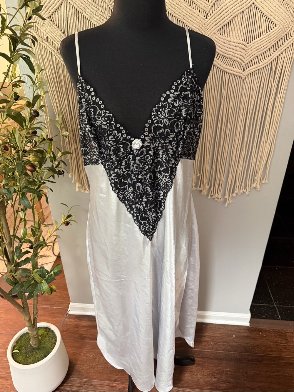 Secret Treasures White Satin Chemise with Black Lace Trim